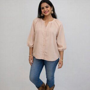 Large balloon sleeve blouse. ANDRE MARC shirt w/ suede feel.  Date night. NWT